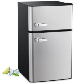 3.2 Cu.Ft Mini fridge with Freezer, Double Door Compact Refrigerator, Retro Mini Refrigerator for Dorm, Office, Bedroom(Red) (Color: Grey)