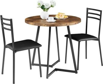 VECELO Small Round Dining Table Set for 2, Wood Marbled Tabletop with Steel Frame, Modern Dinette with Chairs for Kitchen (Color: Brown)